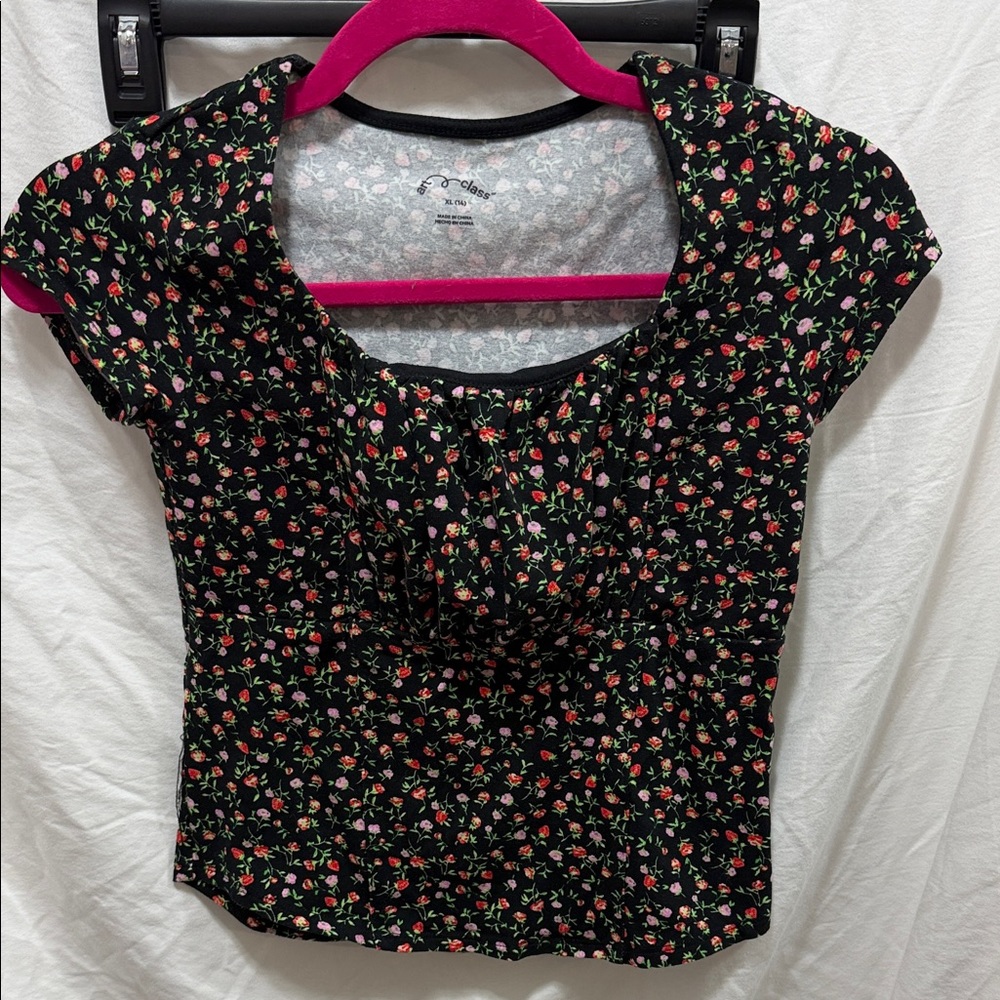 Art Class Black Top with Colorful Floral Pattern